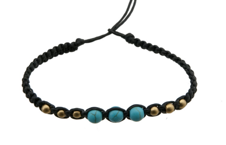 Bracelet Brésilien Tressé Marron Avec Perle Turquoise Ronde - Modèle 20801-FS5D